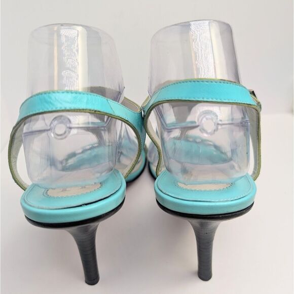 Vintage Tommy Hilfiger Aqua Blue & Green Leather T-strap Slingback Heels 9 - Picture 5 of 8